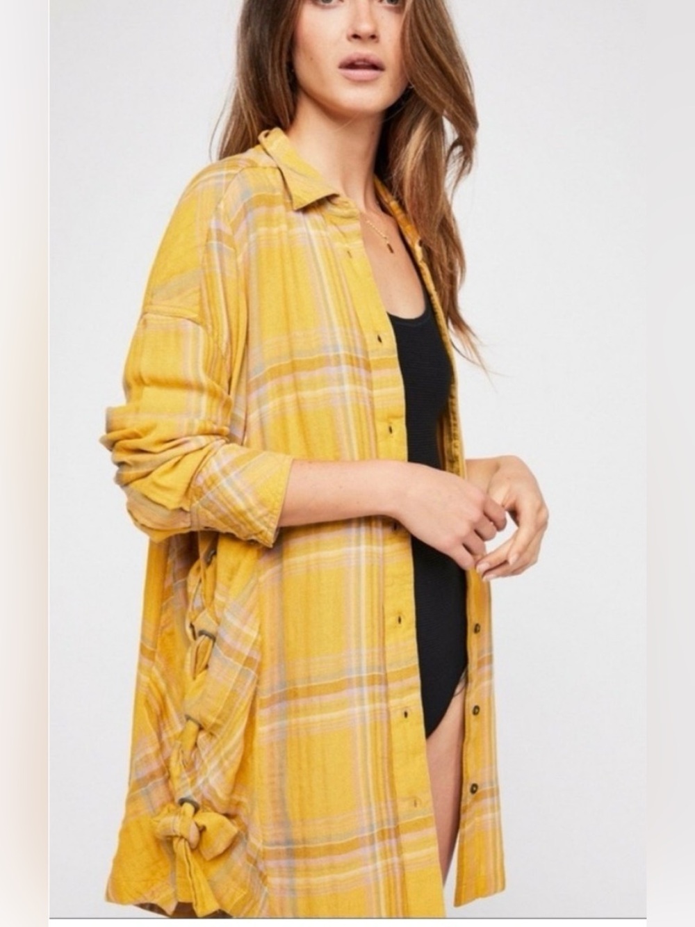 Free People Nordic Day Red Pink Plaid button down Long sleeve Plaid Shirt LaceUp - Picture 9 of 14